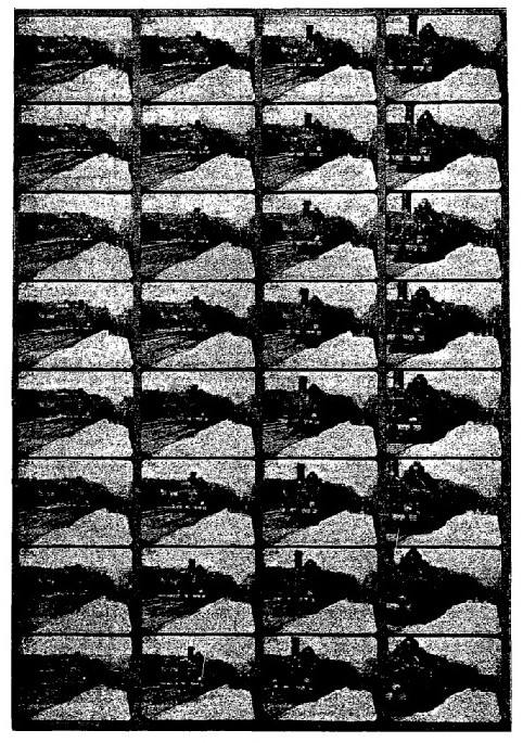 A sequence of frames from the Lumiere film of a train arriving at La Ciotat station